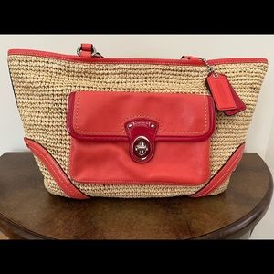 *Excellent Condition* Coach Straw Bag with Coral + Raspberry Leather Details